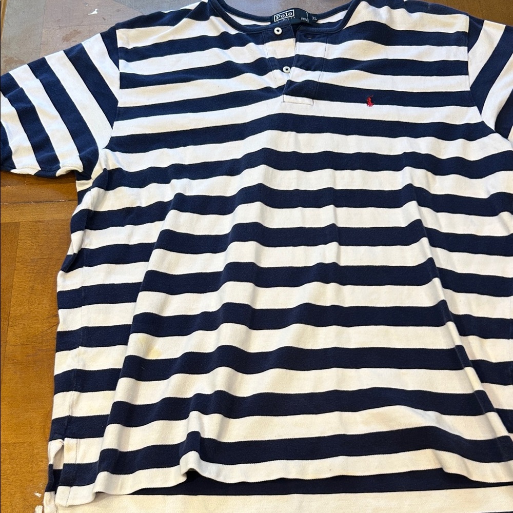 Polo by Ralph Lauren Navy & White Striped Henley with Red Pony